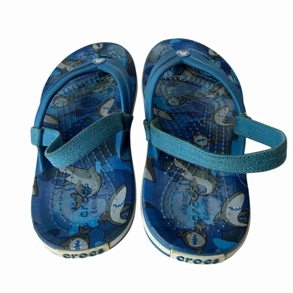 Kids Boy's Crocband Shark Heel Strap Flip Flop Sandal 206429 Blue White Size C10